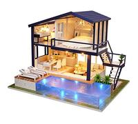 Fabater Villa de Madera en Miniatura con Piscina, Kit de Modelo de Casa de Muñecas 3D para Adultos, Regalo de Juguetes de Construcción con Luz LED, Casa Artesanal Ecológica para Decoración del Hogar