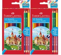 Faber-Castell 110312 - Estuche con 12 Lápices de Color Hexagonales y 3 Lápices Bicolor Redondos - Colores Surtidos (Paquete de 2)