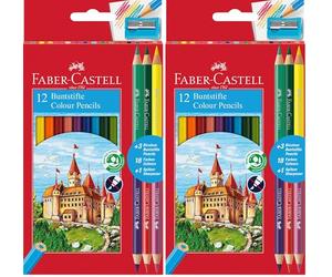 Faber-Castell 110312 - Estuche con 12 Lápices de Color Hexagonales y 3 Lápices Bicolor Redondos - Colores Surtidos (Paquete de 2)