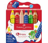Faber-Castell Grippy 110635 - Juego de 6 lápices de colores jumbo para niños, fáciles de lavar, forma triangular ergonómica, lápices de colores gruesos, mina de 10 mm de grosor, sacapuntas incluidos