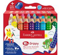 Faber-Castell Grippy 110645 Set de 16 lápices de colores jumbo para niños pequeños, fáciles de lavar, forma triangular ergonómica, lápices de colores gruesos, mina de 10 mm de grosor, sacapuntas