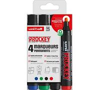 Faber-Castell 159004 Uni Prockney - Estuche de 4 rotuladores permanentes, punta en cuña de 3 - 6 mm, colores negro, verde, rojo y azul