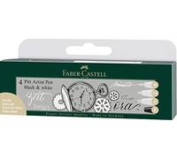 Faber-Castell 167151 - Estuche con 4 rotuladores PITT® Artist Pen blanco y negro. 4 trazos: B = punta de pincel, 1.5 = 1,5 mm, C = punta para caligrafía de color blanco, S = 0,3 en negro