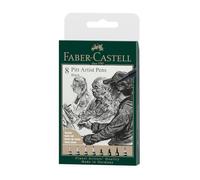 Faber-Castell 167158 - Estuche de 8 Pitt Artist Pen - Tinta China - Negro - XXS, S, F, M, B, C, 1.5, Punta de Pincel Dura