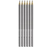 Faber-Castell Lápices Grip 2001 en paquete de 6 unidades, dureza: HB, color de la funda: plateado, plateado HB + 6 tapas de goma
