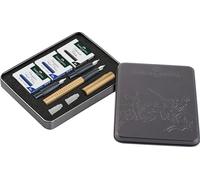 Faber-Castell 201518 - Set de caligrafía Grip Gold, pluma estilográfica F con plumines de repuesto de 1,4 mm y 1,8 mm, incluye cartuchos de tinta negro y azul real