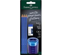 Faber-Castell 217083 Grip 2001 - Juego de lápices con goma de borrar, sacapuntas RollOn y 3 lápices, juego de escritura azul