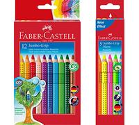Faber-Castell Bundle 110912 lápices de jumbo grip 12 estuche de cartón; incluye sacapuntas y FABER-CASTELL 110994 - Estuche de lápices de colores JUMBO GRIP Neon, 5, color Bundle neon + 12er bunt