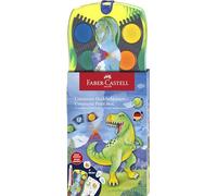 FABER-CASTELL - Caja de acuarelas Connector Dino, 12 colores | Incluye blanco opaco, pegatina de dinosaurio, compartimento para pincel y espacio para el nombre; colores encajables
