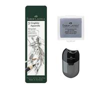 Faber-Castell Graphite Aquarelle 117805- 5 lápices de acuarela, contenido HB, 2B, 4B, 6B, 8B (5 unidades, doble punta y goma forjada)