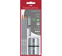 Faber-Castell Set de escritura GRIP 2001 plateado – set escolar con 3 lápices, 2 gomas y sacapuntas