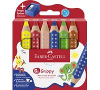 FABER-CASTELL - Lápices de colores Grippy, 6 lápices y sacapuntas | Lápices de colores gruesos 3 en 1 con mina de 10 mm y forma triangular ergonómica, fáciles de limpiar