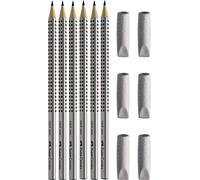 Faber-Castell Lápices Grip 2001 en paquete de 6 unidades, dureza: HB, color de la funda: plateado, plateado HB + 6 tapas de goma