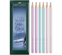 Faber-Castell Lápiz de grafito triangular brillante, mina de grado B, paquete de 6 lápices de regalo de sobre, barriles de color violeta brillante, azul océano y rosa