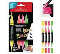 FABER-CASTELL - Rotuladores acrílicos Shake & Paint Black Edition | 4 colores neón, rotuladores acrílicos de doble punta (1 mm y 3 mm) para papel, madera, cristal, piedra y mucho más
