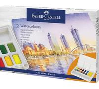 FABER-CASTELL - Set de acuarelas, caja de 12 colores | Incluye paleta de mezcla y esponja; colores vivos para pintar con agua, ideales para aficionados y artistas principiantes