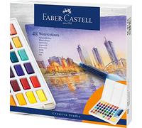 FABER-CASTELL - Set de acuarelas, caja de acuarelas de 48 colores | Incluye paleta de mezcla, pincel para el depósito de agua y esponja, así como colores vivos para pintar al agua