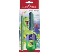 FABER-CASTELL - Set de escritura Dino con lápiz, sacapuntas y goma | Set escolar para niños con lápiz jumbo, sacapuntas y goma de borrar