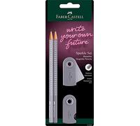 Faber-Castell Lápices Sparkle 218482 Blíster 2 perlado, con goma y afilador mini gris moteado