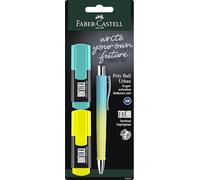FABER-CASTELL - Set de escritura TXTLNR con subrayador y bolígrafo | 2 rotuladores mini y 1 bolígrafo Poly Ball con recambio XB resistente a la luz, en amarillo y turquesa