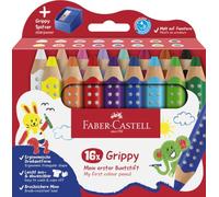 FABER-CASTELL - Set de lápices de colores Grippy, 16 piezas y sacapuntas | Rotulador grueso para niños pequeños, modelo jumbo ergonómico con protuberancias antideslizantes, fácil de limpiar