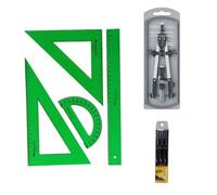 Faber Castell Tecnico-Pack Escolar - Escuadra - Cartabón - Regla - Semicírculo - Color Verde- Compas Articulado de Ajuste Rapido Adaptador Universal 17 cem. + Accesorios 32722-8
