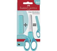 FABER-CASTELL - Tijeras escolares con protector de cuchillas, turquesa | Tijeras para manualidades con protector de cuchillas y mango ergonómico para niños, colegio y aficiones