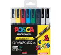 Faber-Castell uni-ball 186825 - Juego de rotuladores POSCA, estuche de 8 rotuladores acrílicos PC-3M, 0,9 - 1,3 mm, 6 colores estándar + 2 colores especiales alternados