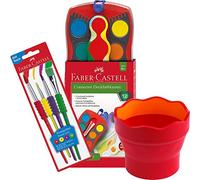 Faber-Castell - Vaso de agua de plástico Clic y Go, materiales de aprendizaje, color rojo + juego de pinceles + caja de 12 conectores de color con blanco