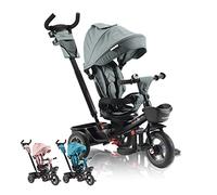 FableKids Triciclo Noemi 5 en 1 con Barra de Empuje, Desde 18 Meses hasta 25 kg, Ruedas PU, Marcha adelante/atrás, Rueda Libre, portabebidas, Gris