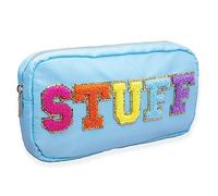 Fablinks Neceser de nailon rosa con parches de letras de felpilla, Azul Aqua, Stuff-aqua Multi