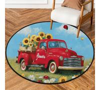 Fabpuro Alfombra redonda de 160 cm para sala de estar, dormitorio, guardería, alfombra circular lavable, alfombra antideslizante para decoración del hogar, granja de primavera, camión rojo sobre