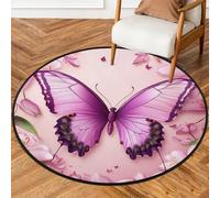 Fabpuro Alfombra redonda de 92 cm para sala de estar, dormitorio, guardería, alfombra circular lavable, alfombra antideslizante para decoración del hogar, primavera, verano, flores moradas de mariposa