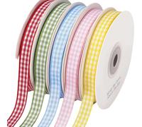 Fabric Ribbons - Polyester 1cmx1000cm 5 Rolls | Colorful Thin Pastel Plaid Wrapping Craft Ribbon Set Decorative DIY Craft Supplies | For Hair Bows Wreath Decor Wedding Graduation Sewing