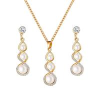 Fabricar Conjuntos oxidados Cultured Pearls Colgante Necklace Teardrop Pearl Dangling Earrings Cubic Zirconia Pearl Wedding Jewelry Set For Bridal Women Bridesmaids & Br Conjuntos Verde (N, One Size)