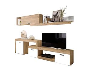 FABRIKIT Mueble Salón Modular Rinconero Conjunto Completo Mueble TV Argos 4 Módulos Blanco Mate y Roble Naturale 293x200x40 cm
