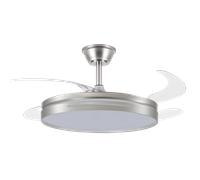FABRILAMP ABRILA ALTA GAMA Ventilador DC 59w Micenas NIQUEL 4 Aspas Transp. 106d 6 Veloc. 6980lm 3 Colores Control remoto, Regulables intensidad, Memoria Y Temporiz.26 Incluye mando a distancia y dos