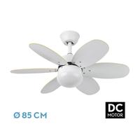 Ventilador DC 6 aspas, reversible blanco/haya, 41x85 cm, control remoto y temporizador, ideal para climatizar espacios y mejorar el confort.