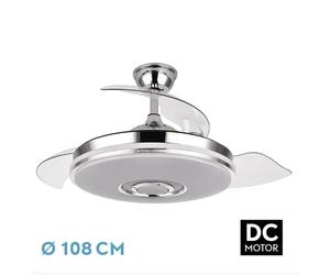 FABRILAMP PREMIUM Ventilador Dc Noto 72w 6120lm Cromo 3asp.desp.6velocidades 108d 3 Colores+rgb Bluetooth, Remoto, Memoria Y Altavoz Incluye mando a distancia y dos tijas de 10 y 25 centímetro