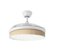 Abrila - Ventilador DC MODA | Color Blanco con tres Aspas Desplegables ABS y Difusor Cañizo Claro | 6 Velocidades Ajustables | 3 Temperaturas de Luz | con Temporizador y Mando a Distancia Incluido