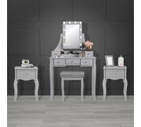 FABS Arianna - Tocador de espejo Hollywood gris con luces LED, 5 cajones, taburete acolchado y 2 mesas auxiliares Sorrento, juego de maquillaje de tocador