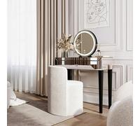 FABS Laguna - Tocador con espejo plateado y sensor táctil, espejo LED, 3 ajustes de color, marco negro y taburete de bouclé marfil Lottie, tocador contemporáneo, tocador, joyas, maquillaje