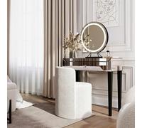 FABS Laguna - Tocador con espejo y sensor táctil Lillia, espejo LED, 3 ajustes de color, marco negro y taburete Lottie Bouclé, tocador contemporáneo, tocador, joyas, maquillaje, almacenamiento de