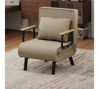 Fabulcozy Canapé Lit Convertible 3 en 1, Fauteuil Réglable 5 Positions, Housse Amovible Lin-Coton, Coussin Épais, Pieds Métal Trapèze Incliné, Accoudoirs en Bois et Métal, pour Salon/Bureau,Khaki