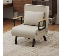 Fabulcozy Canapé Lit Convertible 3 en 1, Fauteuil Réglable 5 Positions, Housse Amovible Lin-Coton, Coussin Épais, Pieds Métal Trapèze Incliné, Accoudoirs en Bois et Métal, pour Salon/Bureau,Beige