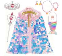 Faburo Capa de princesa de sirena para niños y niñas, disfraz para niños, caja de disfraz con varita mágica, collar para Halloween, Navidad, carnaval, cumpleaños, cosplay, fiesta, disfraz para niñas