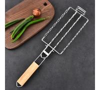 FACAIIO Cesta para asar salchichas para barbacoa con rejilla bloqueable y mango de madera, construcción de hierro NiCr resistente para una distribución uniforme del calor, parrilla de capacidad para 6