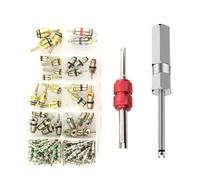 FACAIIO Kit de reparación de núcleos de vástago de válvula para sistemas de aire acondicionado y neumáticos, 100 núcleos de latón de aluminio con 2 herramientas de doble función, para coches