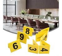 FACAIIO Letreros acrílicos con números de mesa del 1 al 10, soporte de exhibición de números para restaurante, comedor, color blanco/amarillo, etiqueta de mesa estilo tienda de campaña