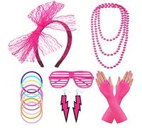 FACATH Collares de neón de los años 80, pulseras, guantes de red, diadema de encaje, aretes de neón de los años 80, accesorios de disfraces, disfraz de fiesta verde para mujeres y niñas (rojo rosa)